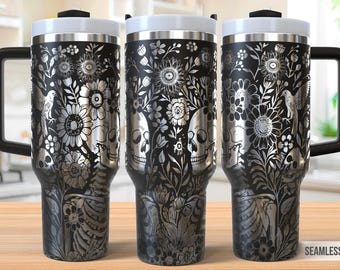 Floral Skulls Tumbler Laser Svg, Skulls 40oz Tumbler Full Wrap Laser Svg, Laser Engraved Svg, Tumbler Laser File, Laser Svg For Tumbler