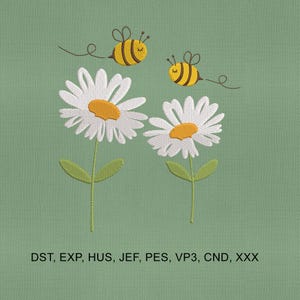 May include: Embroidered design featuring two white daisies with yellow centers and green stems, accompanied by two cartoon bees. The background is a solid light green color. The text "DST, EXP, HUS, JEF, PES, VP3, CND, XXX" is at the bottom.