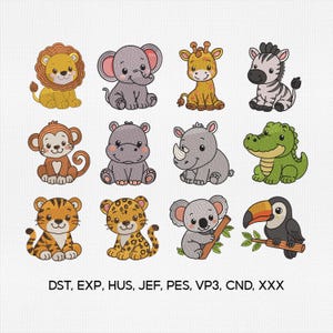 May include: A collection of twelve embroidered-style cartoon animal designs featuring a lion, elephant, giraffe, zebra, monkey, hippo, rhino, crocodile, tiger, leopard, koala, and toucan. The text DST, EXP, HUS, JEF, PES, VP3, CND, XXX is at the bottom.