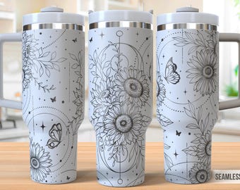 Envoltura para vaso de 40 oz con grabado láser de flores bohemias, envoltura para vaso de girasol Svg, Svg grabado con láser de 40 oz, Svg grabado con láser, SVG para láser rotativo