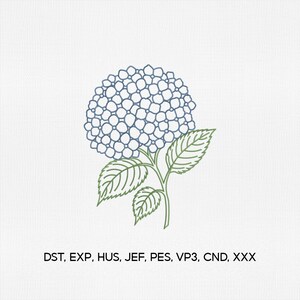 May include: An embroidery design featuring a blue hydrangea flower head with green leaves and stems. Below the floral illustration, the text reads: DST, EXP, HUS, JEF, PES, VP3, CND, XXX. The design is presented on a white textured background.