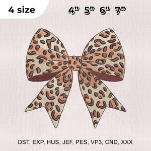 May include: An embroidered bow with a leopard print design. The bow is in shades of brown and tan, with a darker brown outline. The image also includes the text "4 size" and the sizes 4", 5", 6", and 7".