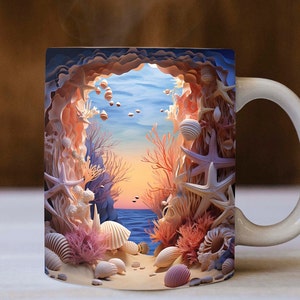 3D Beach Landscape Mug, Beach Mug Design, 3D Mug, 11oz Mug & 15oz Mug Sublimation Wrap, Digital Download