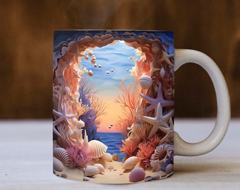 3D Beach Landscape Mug, Beach Mug Design, 3D Mug, 11oz Mug & 15oz Mug Sublimation Wrap, Digital Download