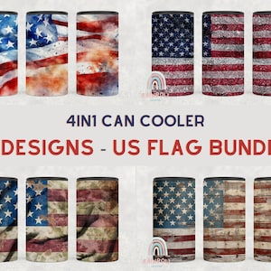 US Flag Bundle (4 Designs) 4in1 Can Cooler Wrap, American Flag Can Cooler, Patriotic Can Cooler, Can Holder PNG, Can Cooler Sublimation Wrap