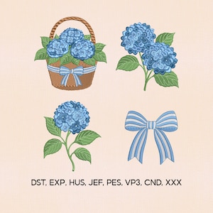 May include: Embroidered designs featuring blue hydrangea flowers and a bow. One design shows a basket filled with hydrangeas, another shows two hydrangea blooms, and a third shows a single bloom. The last design is a blue and white striped bow. The text "DST, EXP, HUS, JEF, PES, VP3, CND, XXX" is at the bottom.