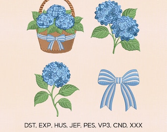 Set of 4 Hydrangea Flower Embroidery Design Bundle, Hydrangea Embroidery Design, Flower Embroidery File, Embroidery Machines File