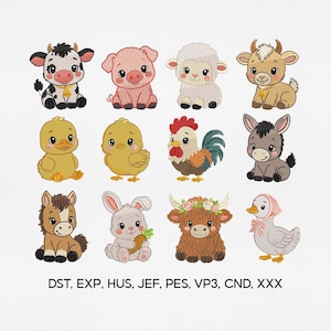 May include: A collection of twelve embroidered farm animal designs, including a cow, pig, sheep, goat, duck, chick, rooster, donkey, horse, rabbit, Highland cow, and goose. Each animal is depicted in a cute, cartoon style with detailed stitching.