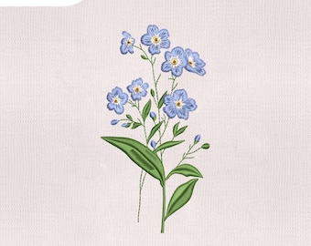 May include: An embroidered floral design featuring blue forget-me-nots with green leaves and stems. The design is available in 4 sizes, ranging from 4 to 7 inches. The image includes the text "4 size" and the sizes in inches.
