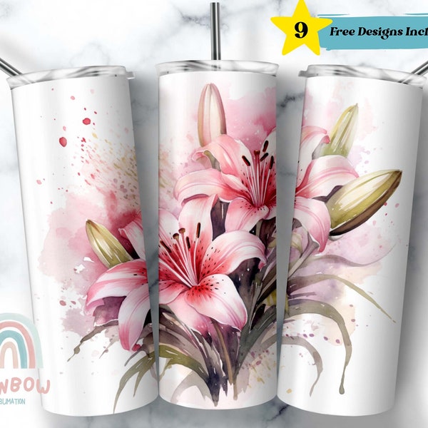 Watercolor Lily Tumbler Wrap, Flower Tumbler, Sublimation Tumbler, Design Download - Skinny 20oz Tumbler Wrap