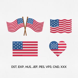 May include: Four embroidered American flags in various designs. Two flags are crossed, two are waving, one is rectangular, and one is heart-shaped. Each flag features a blue canton with white stars and red and white stripes. The image includes the text: DST, EXP, HUS, JEF, PES, VP3, CND, XXX.