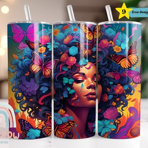 Afro Woman Tumbler Wrap, Black Woman Tumbler, Afro Girl, Black Girl Afro Queen Sublimation Tumbler Design Ladda ner Slim 20oz Tumbler Wrap