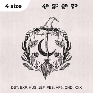 4 Sizes Moon Witch Broom Embroidery Design, Floral Moon Witch Embroidery Design, Halloween Embroidery File, Embroidery Machines File