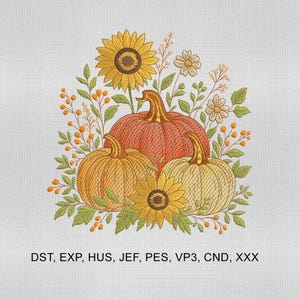 Może przedstawiać: Haftowany wzór przedstawiający trzy dynie w odcieniach pomarańczu i żółci, otoczone słonecznikami, małymi białymi kwiatami i zielonymi liśćmi. Wzór zawiera tekst "DST, EXP, HUS, JEF, PES, VP3, CND, XXX".