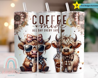 Coffee Addict Tumbler Wrap, Highland Cow Tumbler Design, Coffee Tumbler Wrap, Sublimation Design, Digital Download, Skinny 20oz Tumbler Wrap