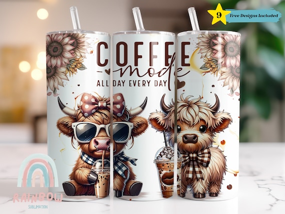 Coffee Addict Tumbler Wrap, Highland Cow Tumbler Design, Coffee Tumbler Wrap, Sublimation Design, Digital Download, Skinny 20oz Tumbler Wrap