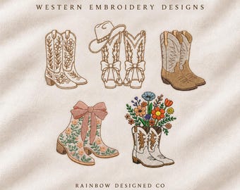 Set med 5 broderidesigner med western cowgirlstövlar, broderidesign med cowgirlstövlar, westernbroderidesign, cowboystövlar Pes-fil