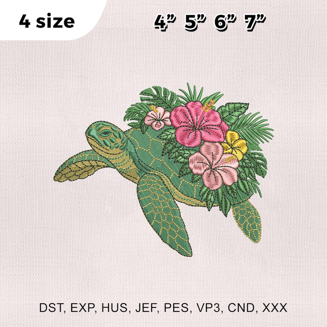 4 Sizes Floral Turtle Embroidery Design, Sea Animal Embroidery Design ...