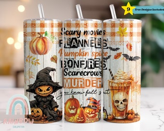 Fall Tumbler Wrap, Flannels, Pumpkin Spice, Bonfires, Scarecrows Tumbler Design, Sublimation Tumbler Design Download, Skinny 20oz Tumbler