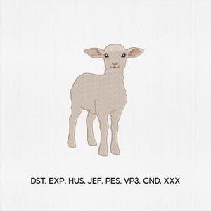 May include: An embroidered design of a lamb in tan and light brown. The lamb is standing, facing forward, with its ears perked up. The image is on a white background. Text at the bottom reads: DST, EXP, HUS, JEF, PES, VP3, CND, XXX.