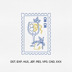 May include: A blue and yellow embroidered design resembling a postage stamp. The design features a cocktail glass with ice and a lemon slice, a lemon, and the text "CIN CIN". The design is on a white background.