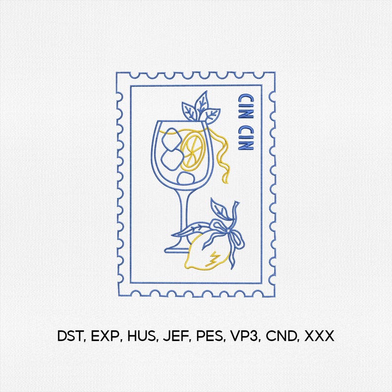 May include: A blue and yellow embroidered design resembling a postage stamp. The design features a cocktail glass with ice and a lemon slice, a lemon, and the text "CIN CIN". The design is on a white background.
