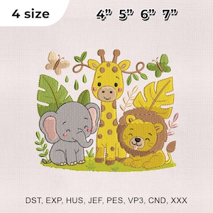 4 Sizes Safari Animals Embroidery Design, Elephant Giraffe Lion Embroidery File, Cute Animals Embroidery Design,Embroidery Machines File