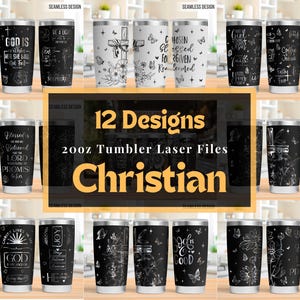 Puede incluir: Doce diseños para vasos de 20 oz con temas cristianos. Los diseños presentan ilustraciones en blanco y negro de cruces, mariposas, flores y citas inspiradoras. Los diseños son adecuados para el corte por láser.