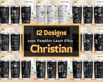 Può includere: Dodici design per bicchieri da 20 oz con temi cristiani. I design presentano illustrazioni in bianco e nero di croci, farfalle, fiori e citazioni ispiratrici. I design sono adatti per il taglio laser.
