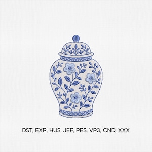 May include: An embroidery design of a ginger jar featuring blue floral patterns on a white background. The jar has a lid with leaf motifs and a geometric border. Below the jar, the text reads: DST, EXP, HUS, JEF, PES, VP3, CND, XXX.