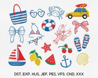 17 Coastal Summer Icons Embroidery Designs, Beach Summer La Dolce Vita Embroidery Design, Summer Embroidery Design, Embroidery Machines File