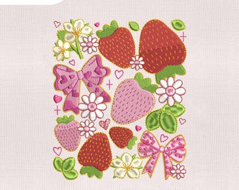 Broderidesign med bohemiskt jordgubbsmotiv i 4 storlekar, fruktbroderidesign, jordgubbsrosett-fil, broderimaskinsfil