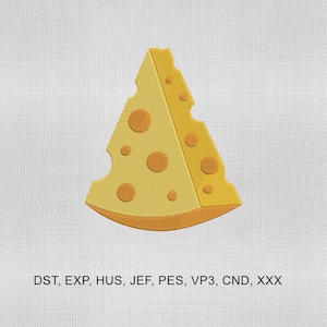 May include: A yellow cheese slice with orange holes and a curved bottom edge. The cheese has a textured appearance and is set against a white background. The text "DST, EXP, HUS, JEF, PES, VP3, CND, XXX" is at the bottom.