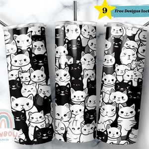 Black and White Cat Tumbler Wrap, Cat Tumbler Design, Sublimation Tumbler Design Download - Skinny 20oz Tumbler Wrap