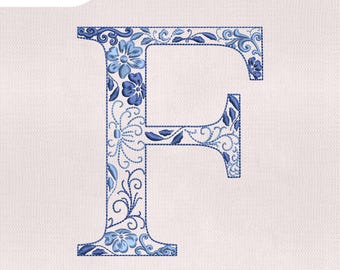 Fuente de bordado chinoiserie con la letra F, fuente de bordado chinoiserie a máquina, fuente de bordado floral azul, letras de monograma bordadas