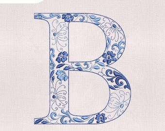 Fuente chinoiserie para bordar la letra B, fuente chinoiserie para bordar a máquina, fuente floral azul para bordar, letras monograma para bordar