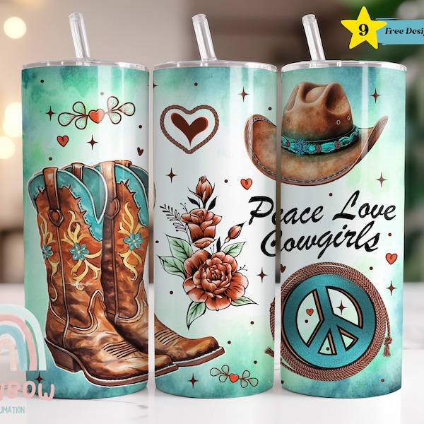 Cowgirl Tumbler Wrap, Cowgirl Boots Tumbler Design, Peace Love Cowgirls Wrap, Sublimation Design, Digital Download, Skinny 20oz Tumbler Wrap