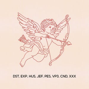 Puede incluir: Diseño bordado en rojo de Cupido con arco y flecha, alas y pelo rizado, sobre un fondo crema. El texto "DST, EXP, HUS, JEF, PES, VP3, CND, XXX" está en la parte inferior. Ideal para proyectos de bordado, perfecto para San Valentín.