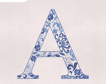 Fuente de bordado chinoiserie con la letra B, fuente de bordado chinoiserie a máquina, fuente de bordado elegante azul, letras de monograma