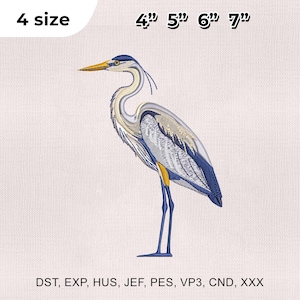 May include: An embroidered design of a heron in shades of blue, gray, and yellow. The bird is standing with its long legs visible. The image includes size options of 4", 5", 6", and 7". The text "4 size" is in the upper left corner.