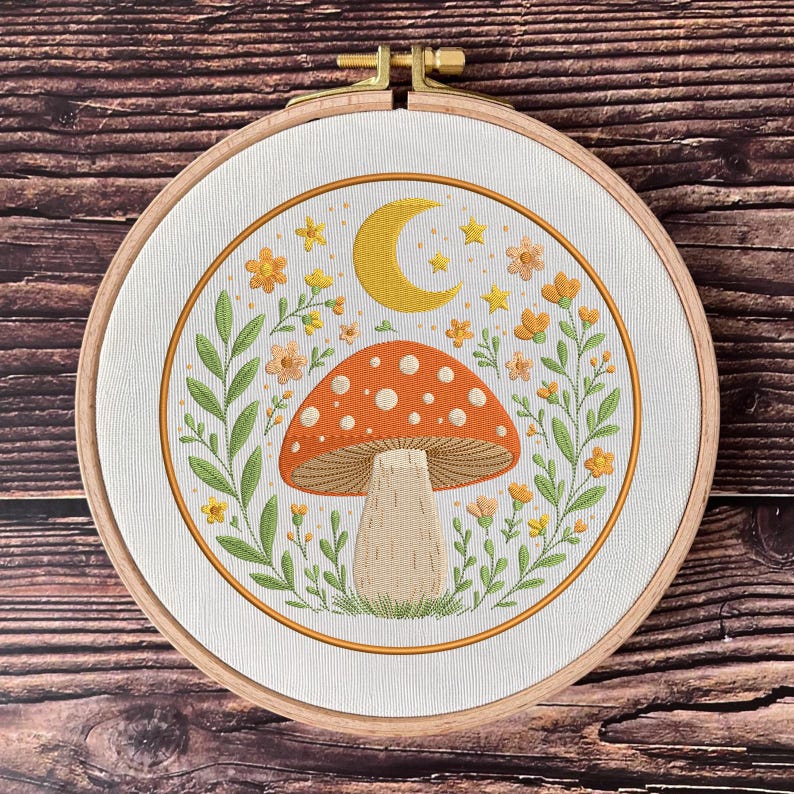 5 Sizes Mushroom Crescent Embroidery Design, Floral Mushroom Embroidery ...