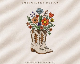 Broderidesign med västerländska cowgirlstövlar i storlek 4, broderidesign med blommiga stövlar, västerländsk broderidesign, broderimaskinfil