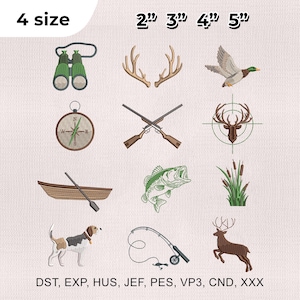 May include: A collection of embroidered patches featuring outdoor and hunting themes. Designs include binoculars, antlers, a duck in flight, a compass, crossed rifles, a deer head in a target, a rowboat, a bass fish, cattails, a dog, a fishing rod, and a deer.