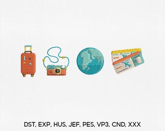 May include: Embroidered travel-themed designs including a suitcase, camera, globe, and plane ticket. The suitcase is orange with a yellow handle. The camera is teal and orange with a blue strap. The globe is teal, and the ticket is yellow and blue.
