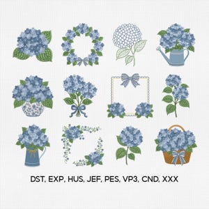 May include: A collection of twelve blue hydrangea embroidery designs featuring floral arrangements, wreaths, a watering can, a basket, and a decorative frame. The text DST, EXP, HUS, JEF, PES, VP3, CND, XXX is displayed at the bottom of the image.