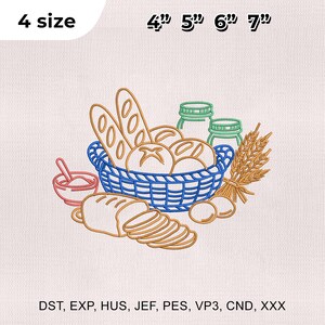 Può includere: Un ricamo con un cestino blu pieno di pane, panini e pane a fette. Sono inclusi anche due barattoli verdi, spighe di grano e una piccola ciotola. Il design è disponibile nelle misure di 10,16, 12,7, 15,24 e 17,78 cm.