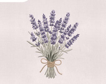 Puede incluir: Un diseño de bordado con un ramo de ramas de lavanda moradas con tallos verdes atados con una cuerda color canela. El texto 4 size 3" 4" 5" 6" aparece en la parte superior y los formatos DST, EXP, HUS, JEF, PES, VP3, CND, XXX abajo.