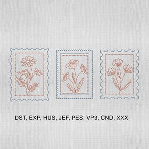 以下が含まれることがあります： 切手のような3つの刺繍された花の模様。各切手には、茶色と青の色合いで刺繍された、異なる花の配置が施されています。切手はスカラップのボーダーで、白い背景に配置されています。