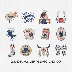 May include: A collection of twelve western-themed embroidery designs featuring a cowboy hat, the text Lucky You, a person at a fence, a horseshoe, a horse and rider, playing cards, a Rodeo matchbox, a Surf's Up Cowgirl emblem, a boot, a Yee Haw badge, a bull skull, and a bow, with file formats DST, EXP, HUS, JEF, PES, VP3, CND, XXX listed below.