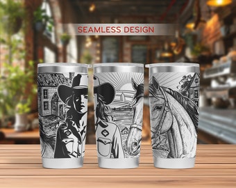 May include: Three stainless steel travel mugs with a black and white cowboy theme. Each mug features a different illustration: a cowgirl, a horse, and a rural landscape. The text "SEAMLESS DESIGN" is at the top.
